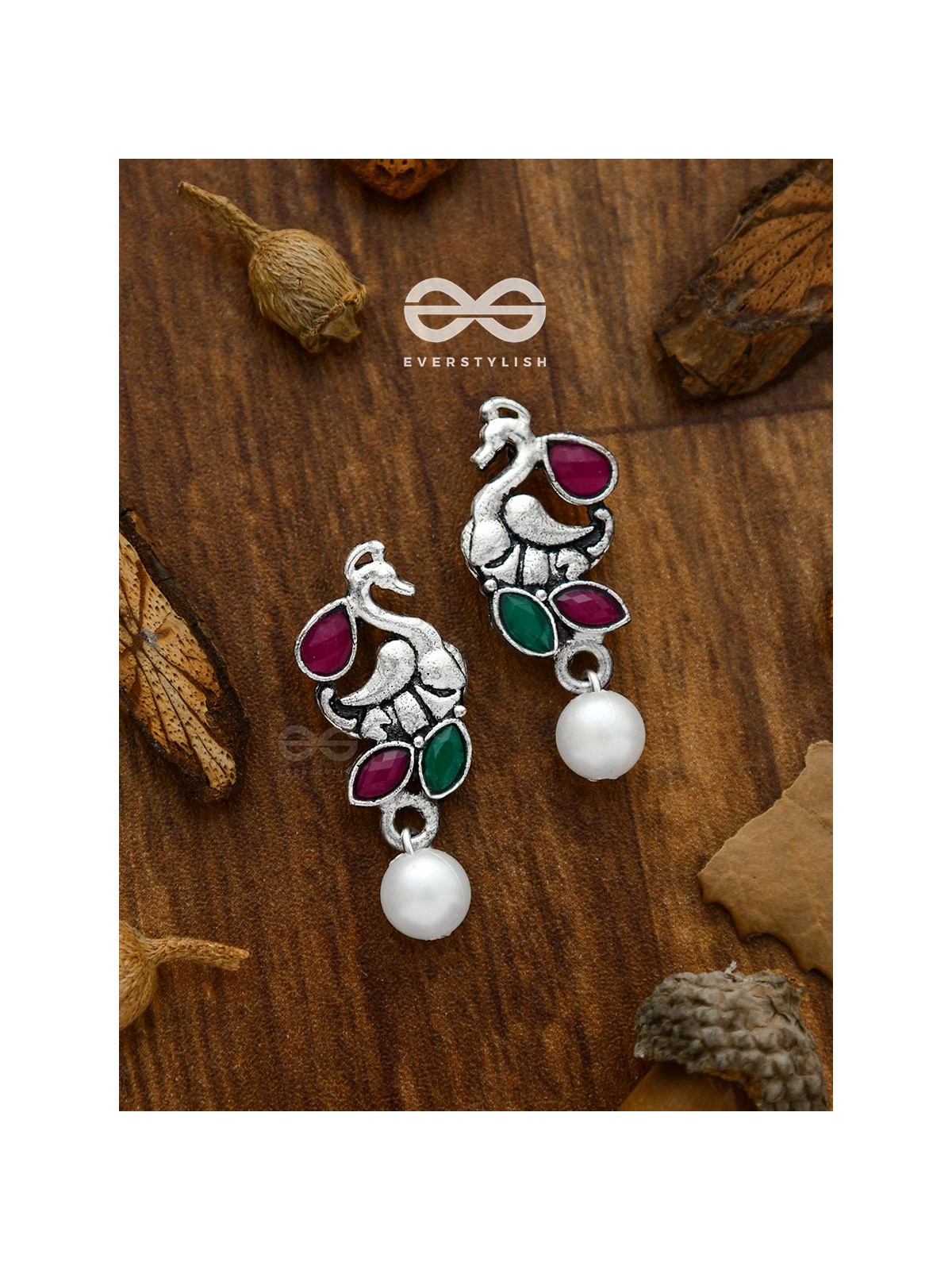 The Elegant Pearl Peacocks (Ruby-Emerald) - Embellished Oxidised Collection