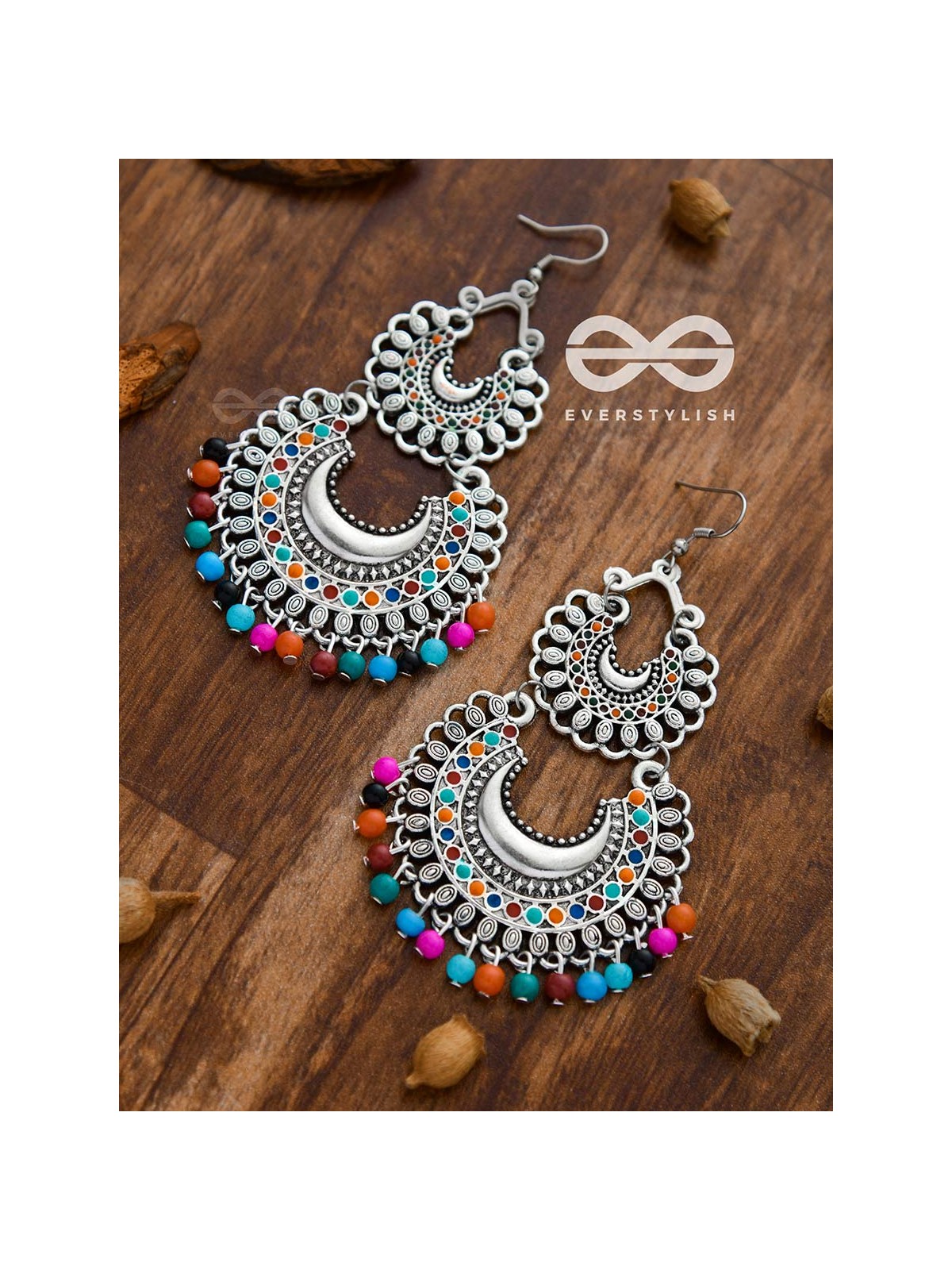 The Colourful Double Layered Enamelled Motif Moon Danglers