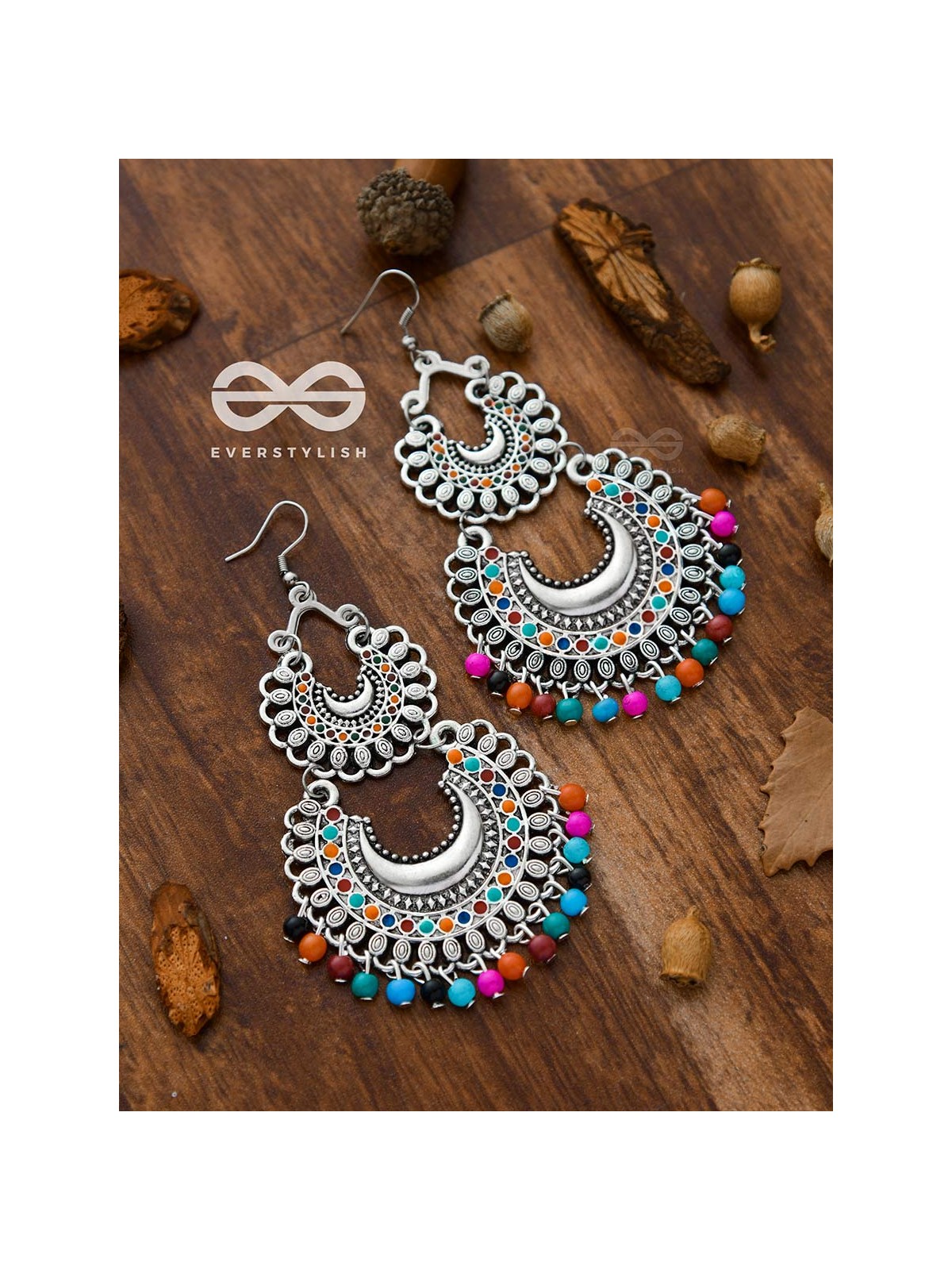 The Colourful Double Layered Enamelled Motif Moon Danglers