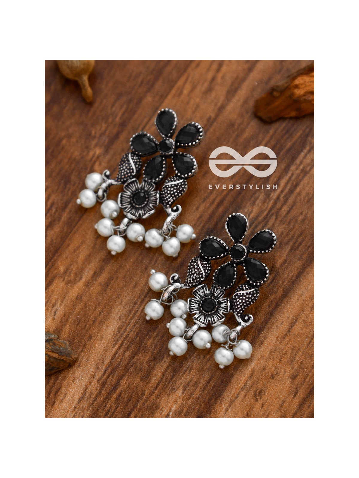 'A Floral Fantasy' - Embellished Oxidised Earrings (Onyx Black)
