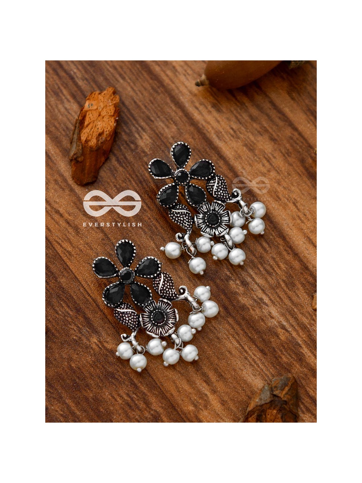 'A Floral Fantasy' - Embellished Oxidised Earrings (Onyx Black)