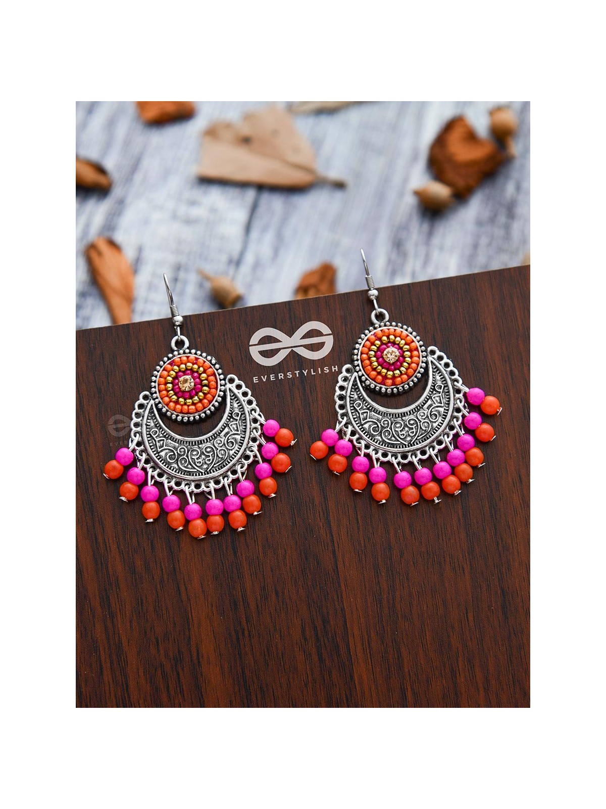 The Delightful Motif Moon (Orange-Pink) - Embroidered Oxidised Earrings