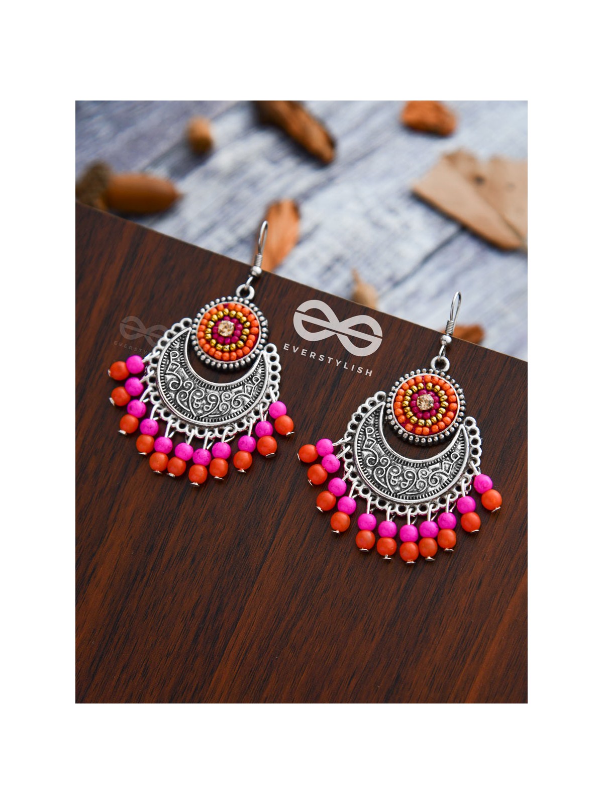 The Delightful Motif Moon (Orange-Pink) - Embroidered Oxidised Earrings