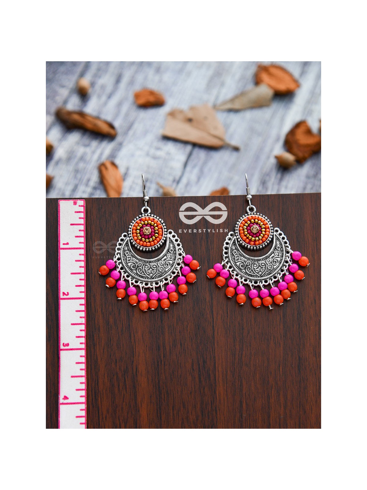 The Delightful Motif Moon (Orange-Pink) - Embroidered Oxidised Earrings