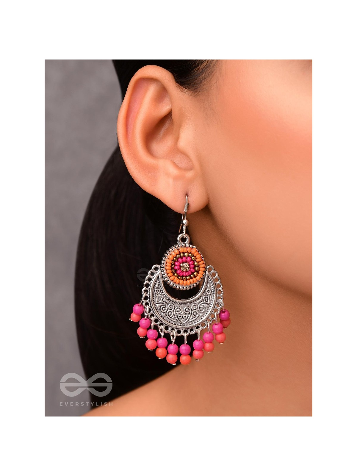 The Delightful Motif Moon (Orange-Pink) - Embroidered Oxidised Earrings