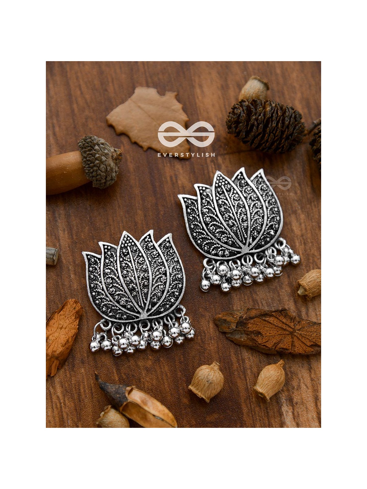 The Intricate Lively Lotus - Oxidised Boho Earrings