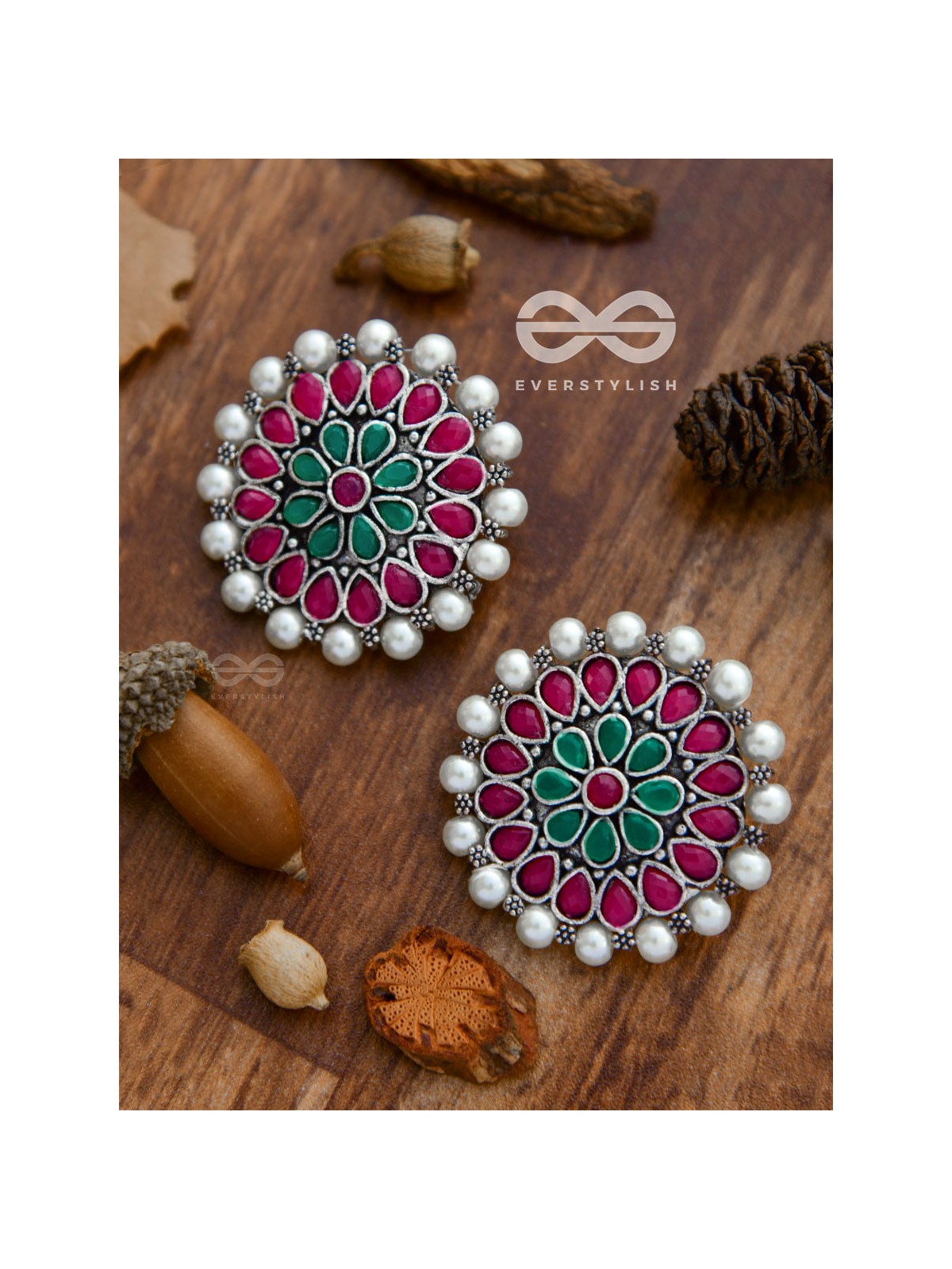 The classy Desire perfect pearl Embellished Statement Studs (Ruby Emerald)
