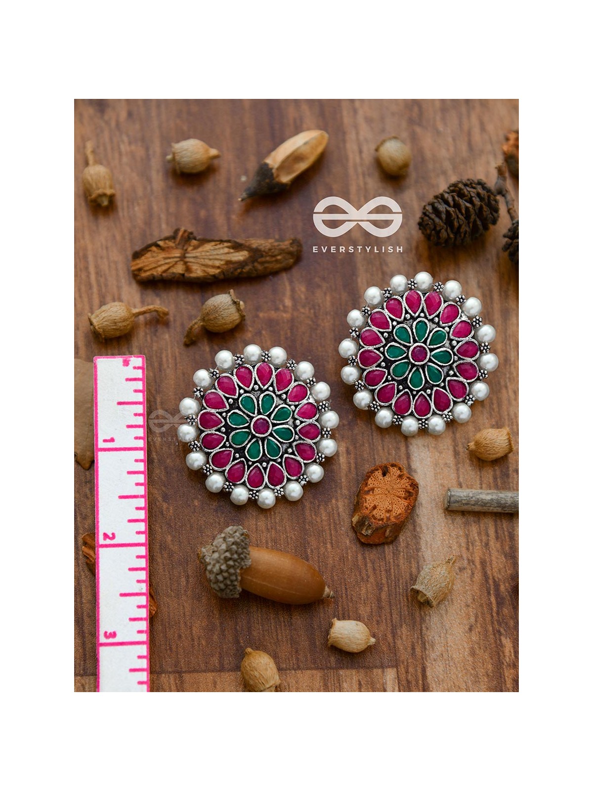 The classy Desire perfect pearl Embellished Statement Studs (Ruby Emerald)