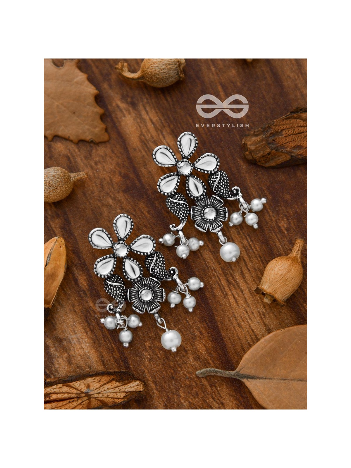 'A Floral Fantasy' - Embellished Oxidised Earrings (Droplet White)