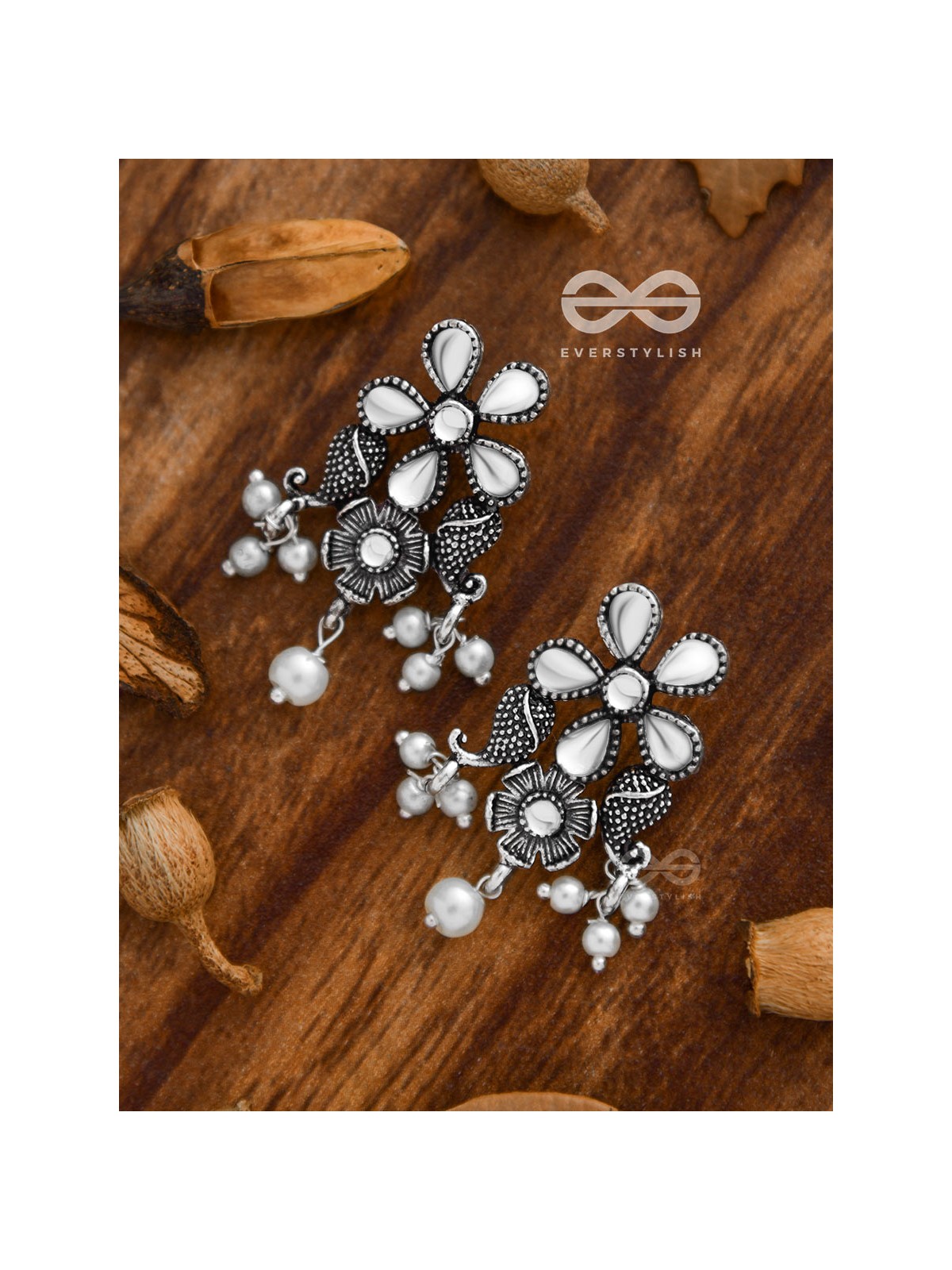 'A Floral Fantasy' - Embellished Oxidised Earrings (Droplet White)