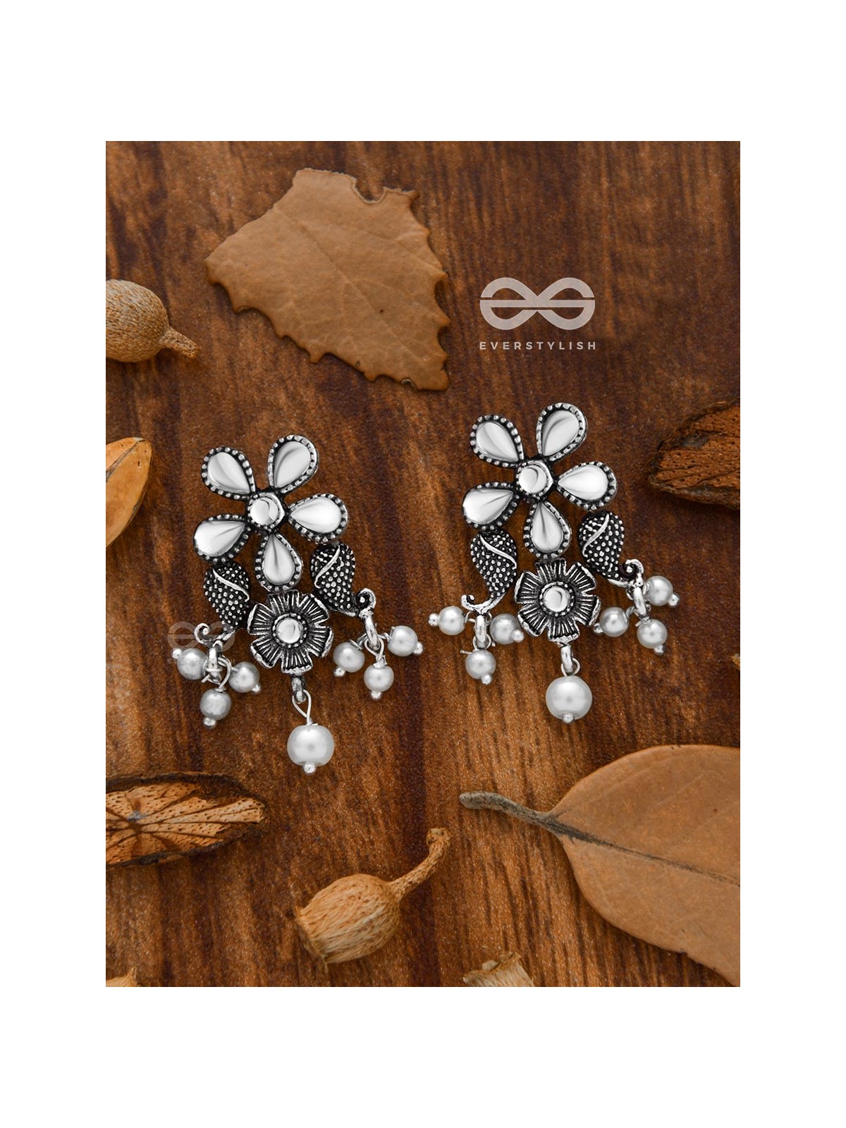 'A Floral Fantasy' - Embellished Oxidised Earrings (Droplet White)