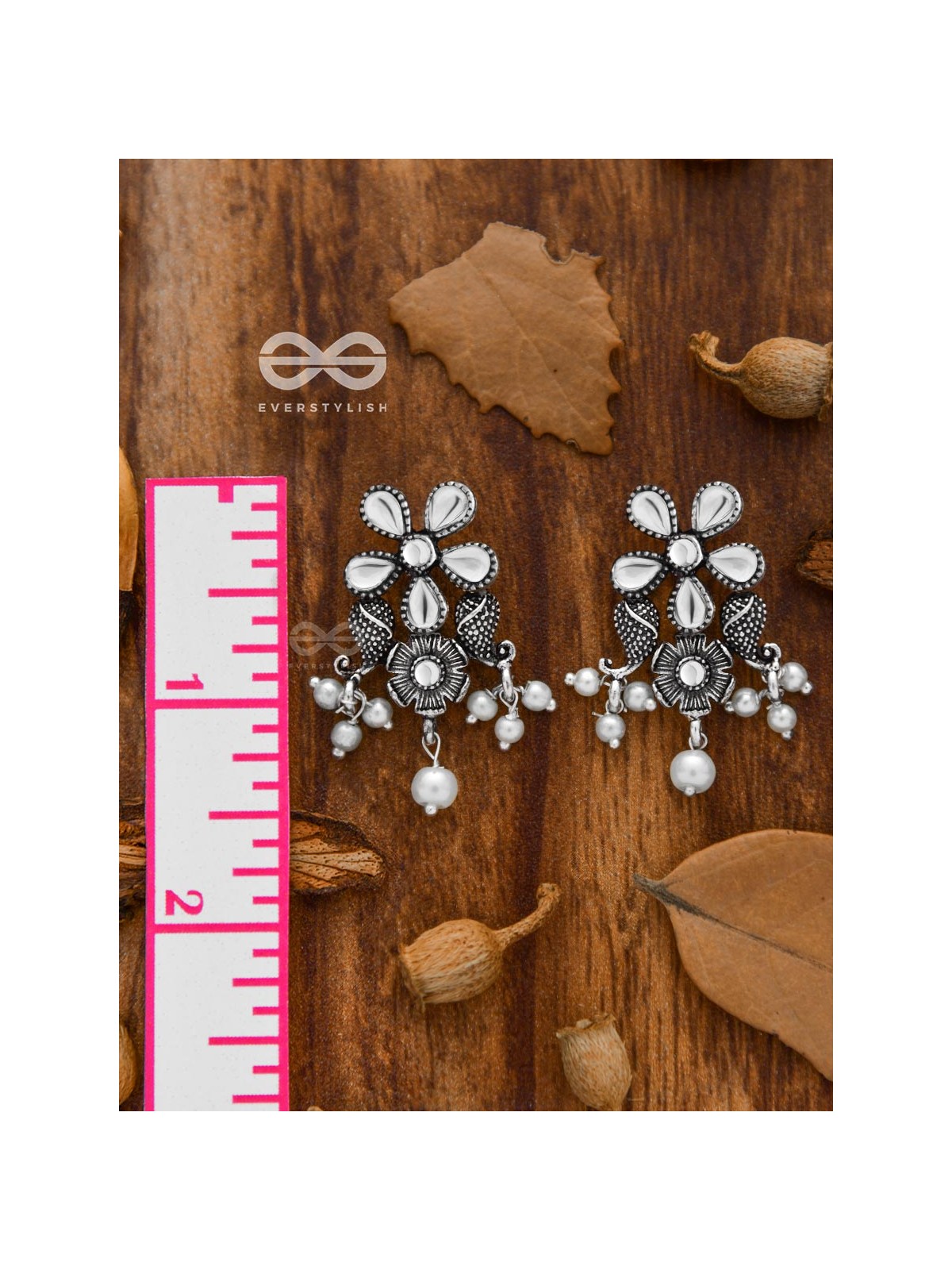 'A Floral Fantasy' - Embellished Oxidised Earrings (Droplet White)