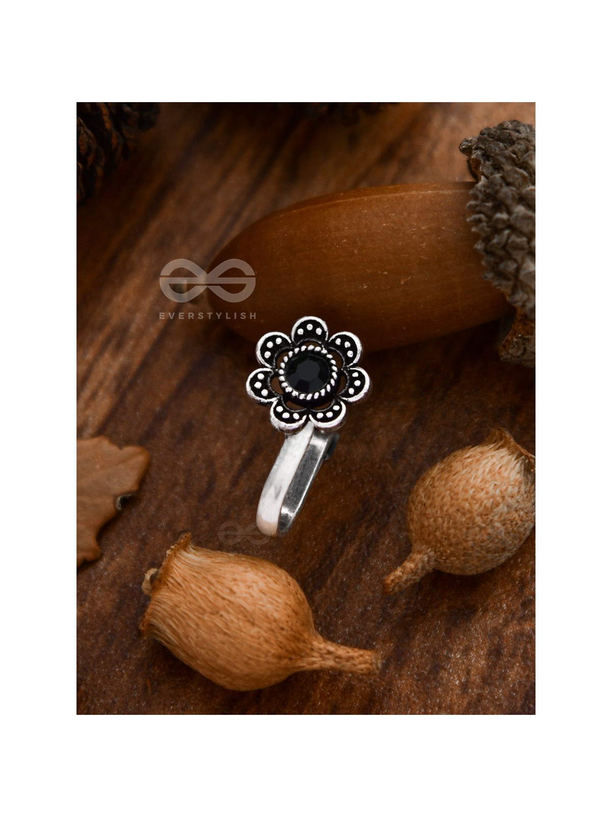 The Floral Delight - Embellished Non-pierced Nosepin (Onyx Black)