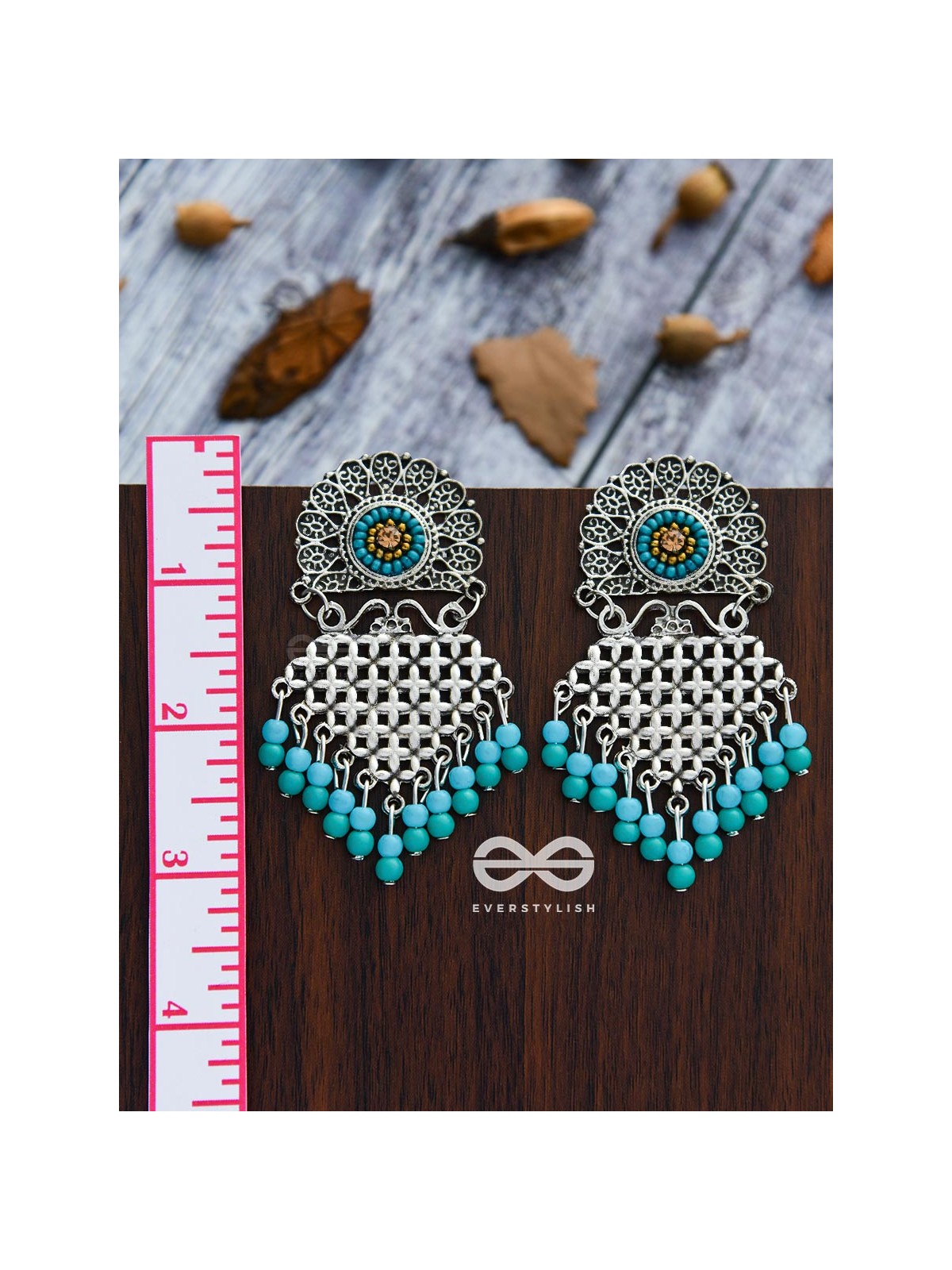 The Criss-Cross Embroidered Sun (Blue) - Embroidered Oxidised Earrings