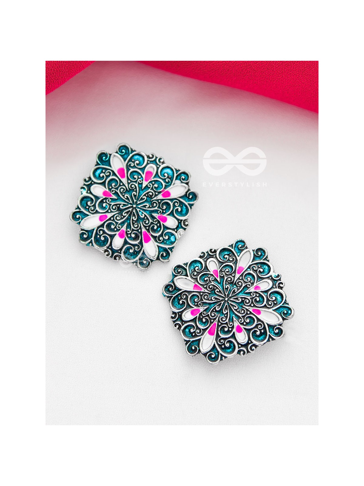 The Alluring Motifs - Statement Meenakari Studs (Teal)