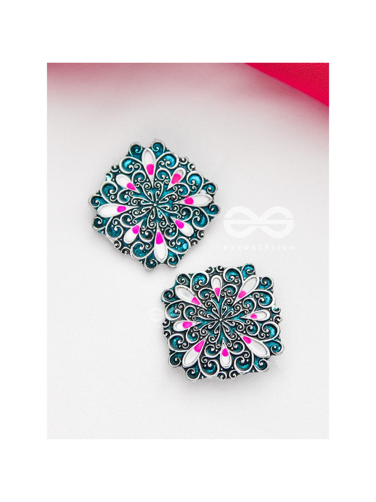 The Alluring Motifs - Statement Meenakari Studs (Teal)
