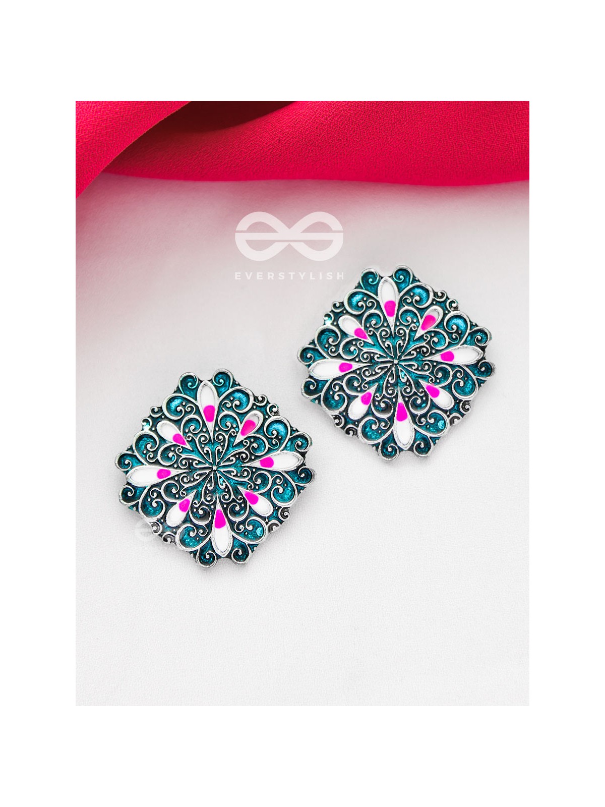 The Alluring Motifs - Statement Meenakari Studs (Teal)