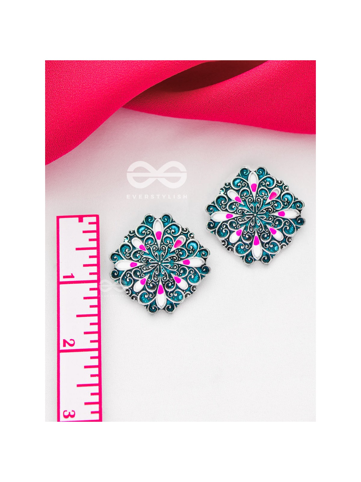 The Alluring Motifs - Statement Meenakari Studs (Teal)