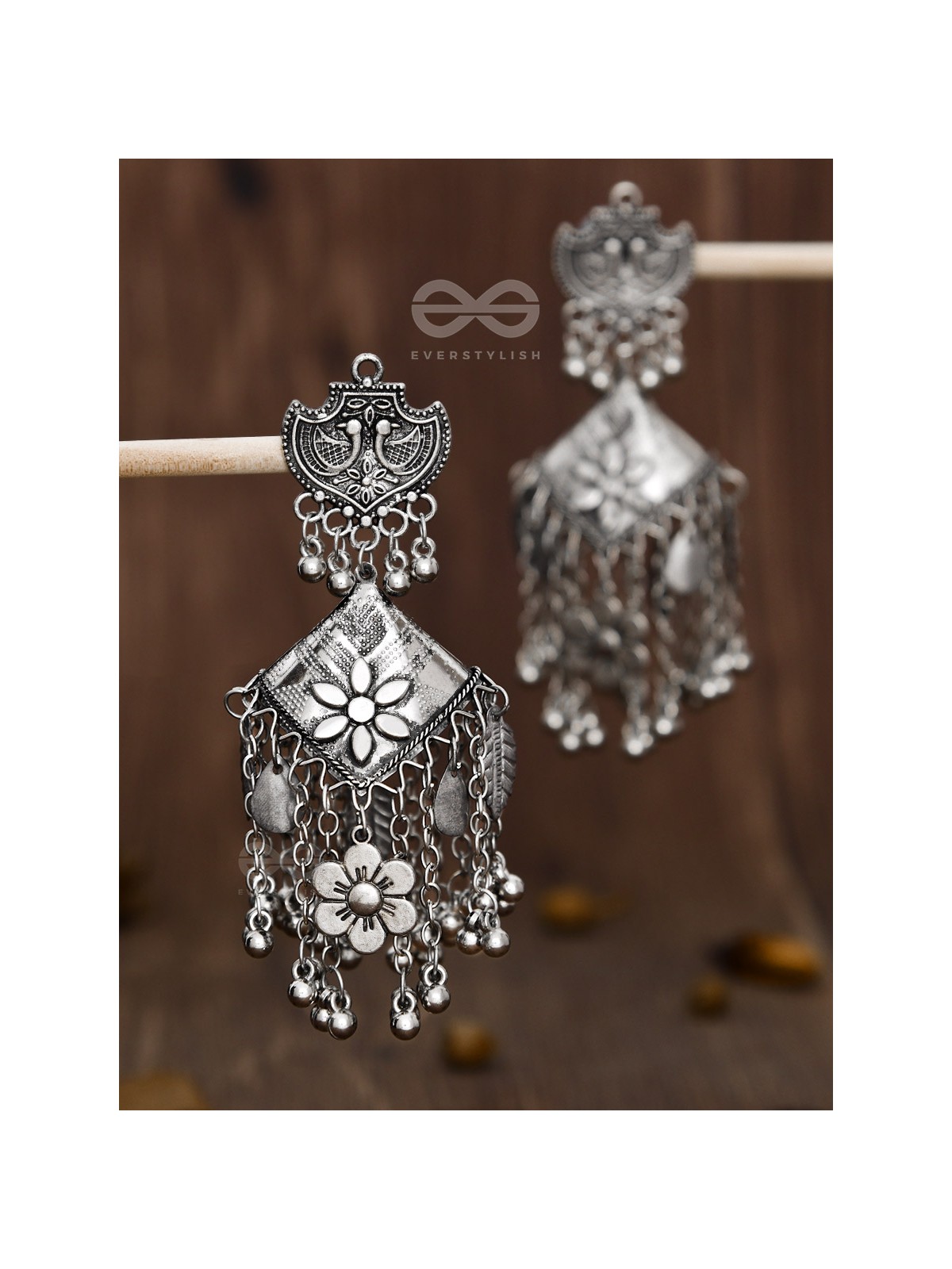The Peacock Artwork Oxidised Square Statement Jhumkas