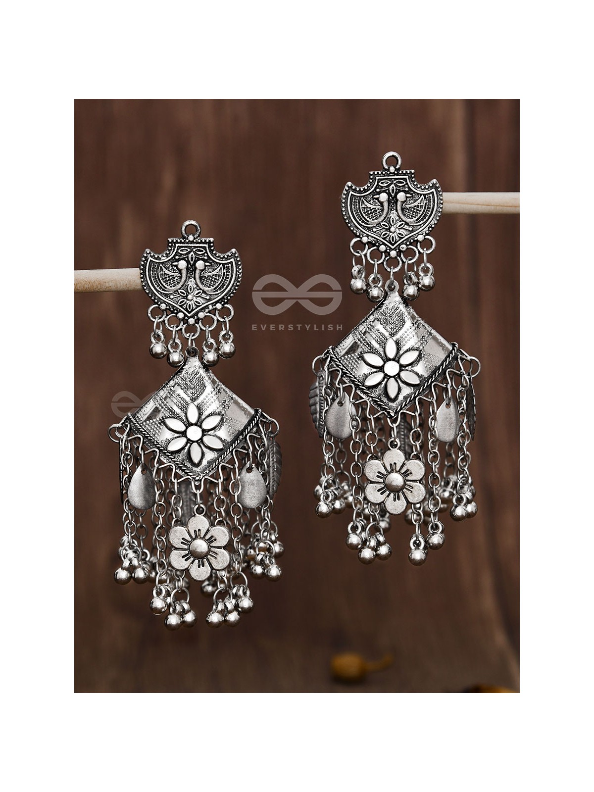 The Peacock Artwork Oxidised Square Statement Jhumkas