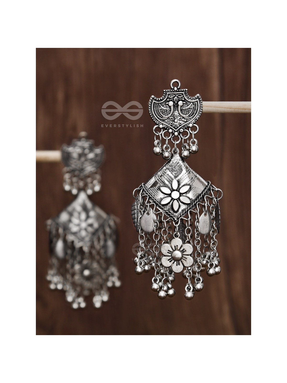 The Peacock Artwork Oxidised Square Statement Jhumkas