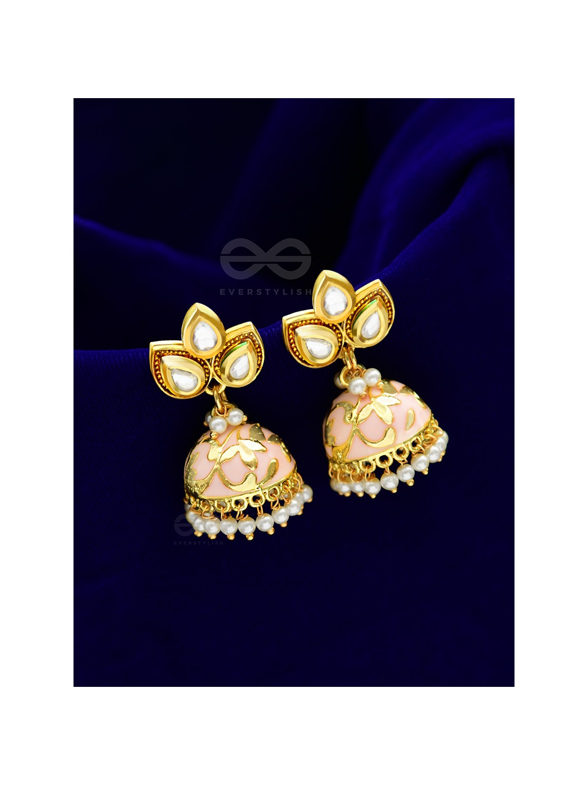 The Kundan Leafy Affair- Enamelled Golden Jhumki - Peachy Glow
