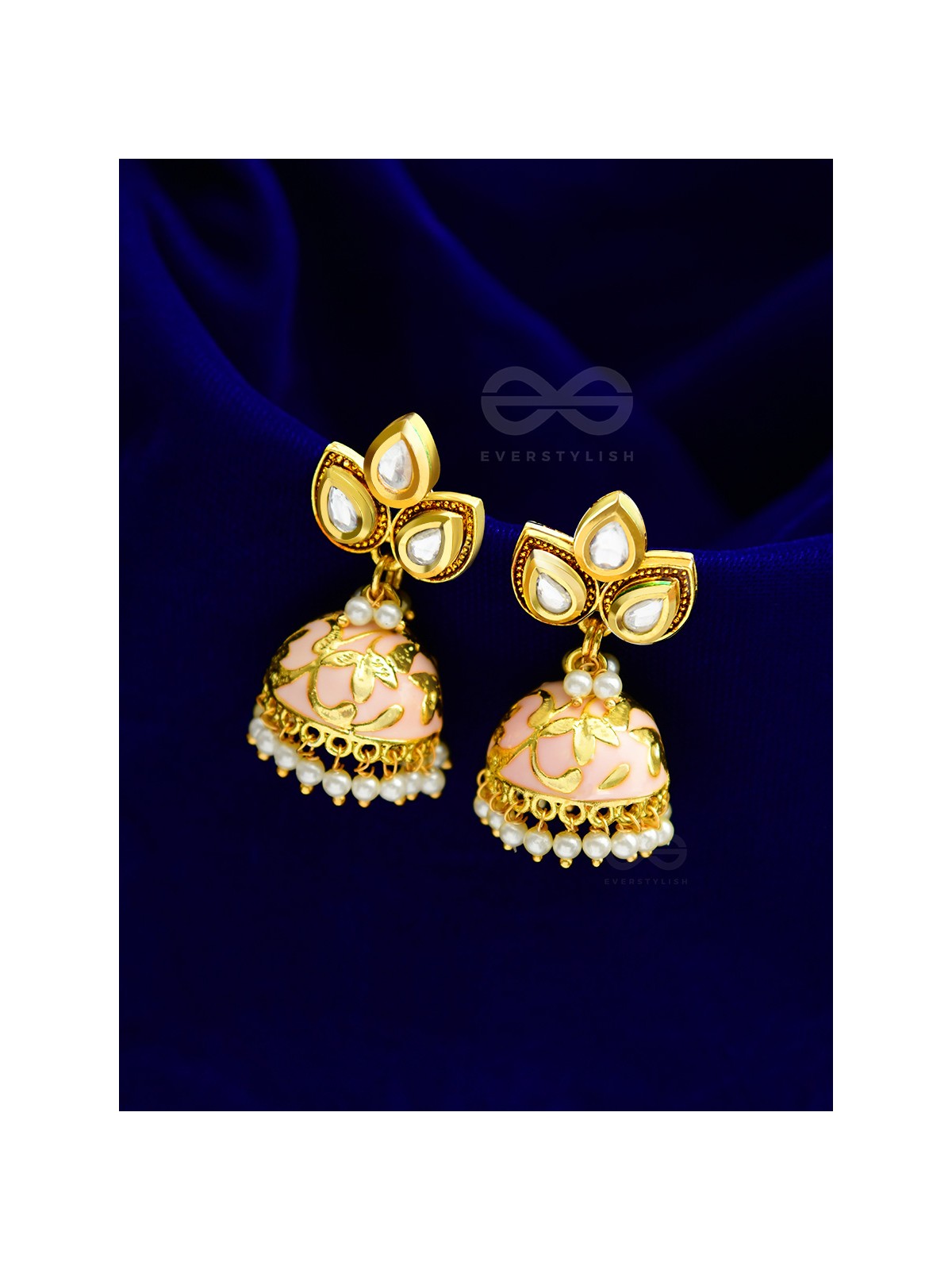 The Kundan Leafy Affair- Enamelled Golden Jhumki - Peachy Glow
