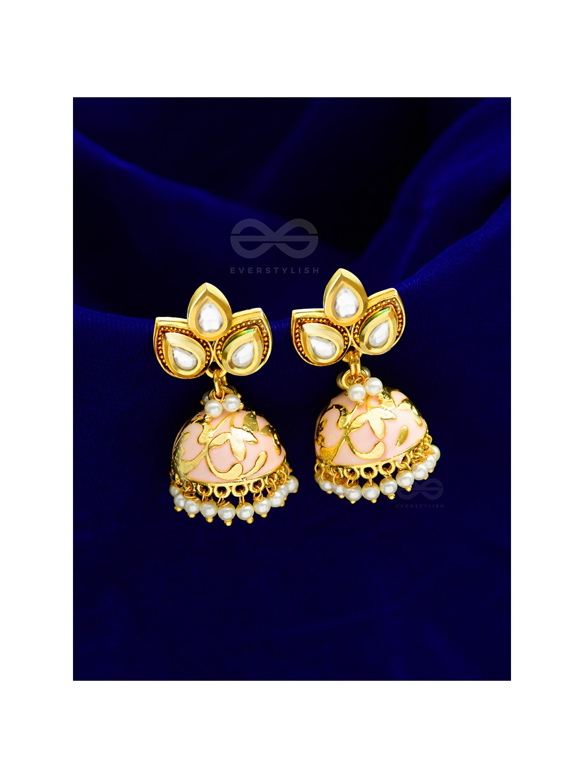 The Kundan Leafy Affair- Enamelled Golden Jhumki - Peachy Glow
