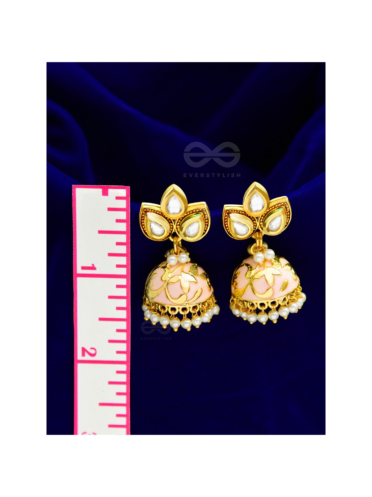 The Kundan Leafy Affair- Enamelled Golden Jhumki - Peachy Glow