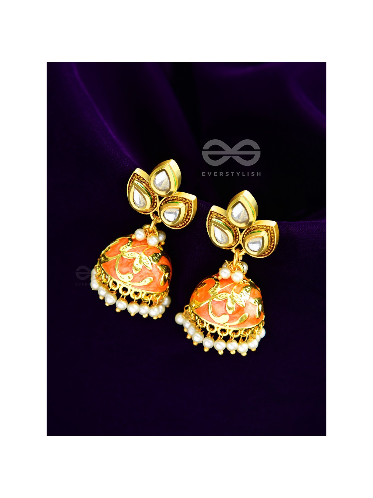 The Kundan Leafy Affair- Enamelled Golden Jhumki - Sunset Orange