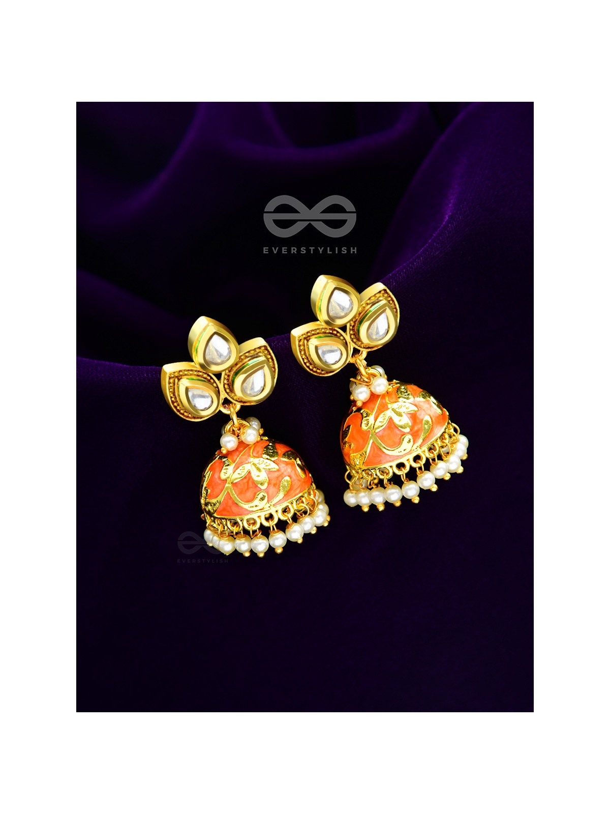 The Kundan Leafy Affair- Enamelled Golden Jhumki - Sunset Orange