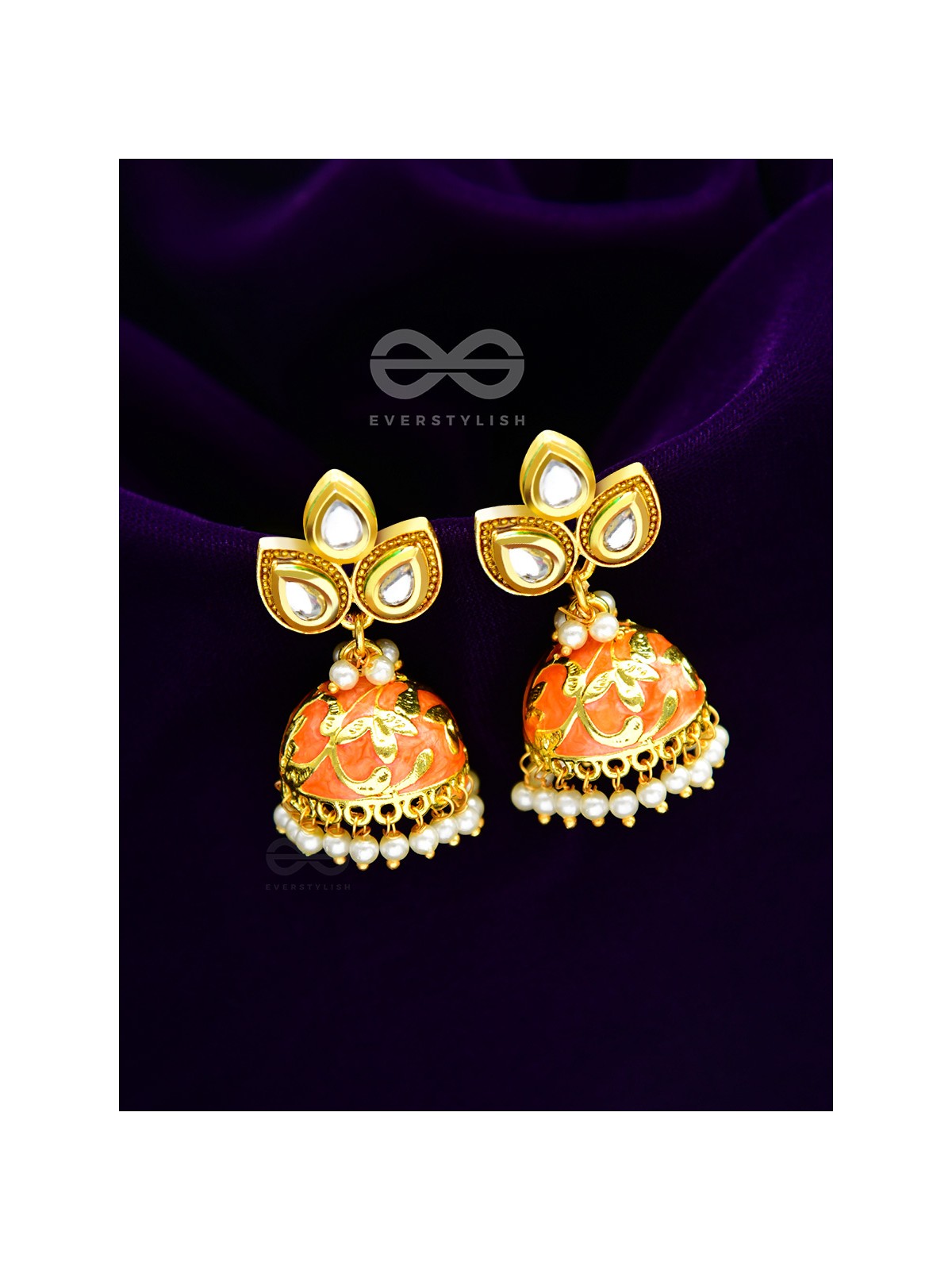 The Kundan Leafy Affair- Enamelled Golden Jhumki - Sunset Orange