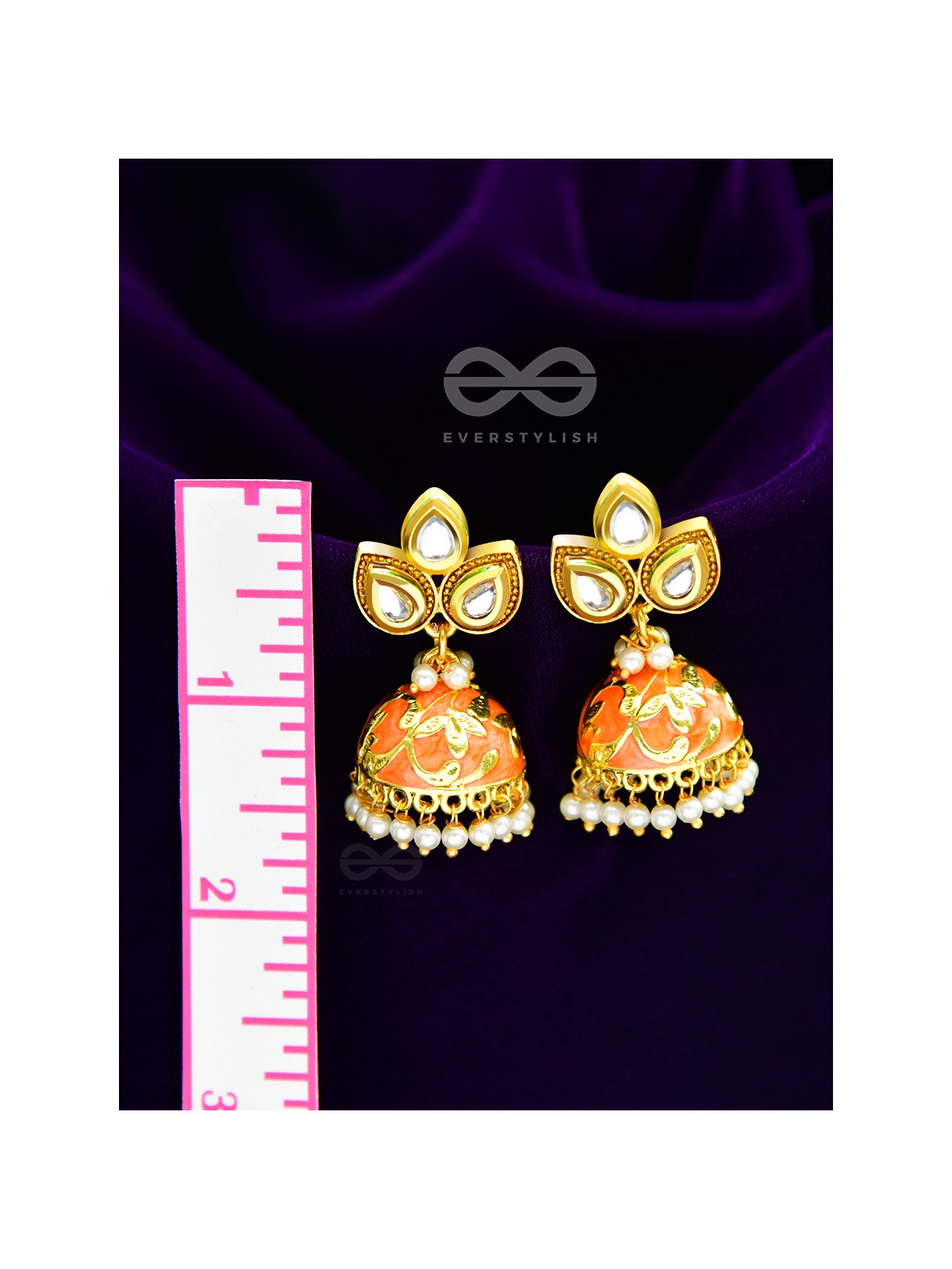 The Kundan Leafy Affair- Enamelled Golden Jhumki - Sunset Orange