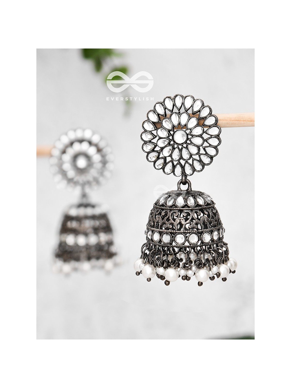 The Intricate Floral Cocktail - Embellished Oxidised jhumkas 