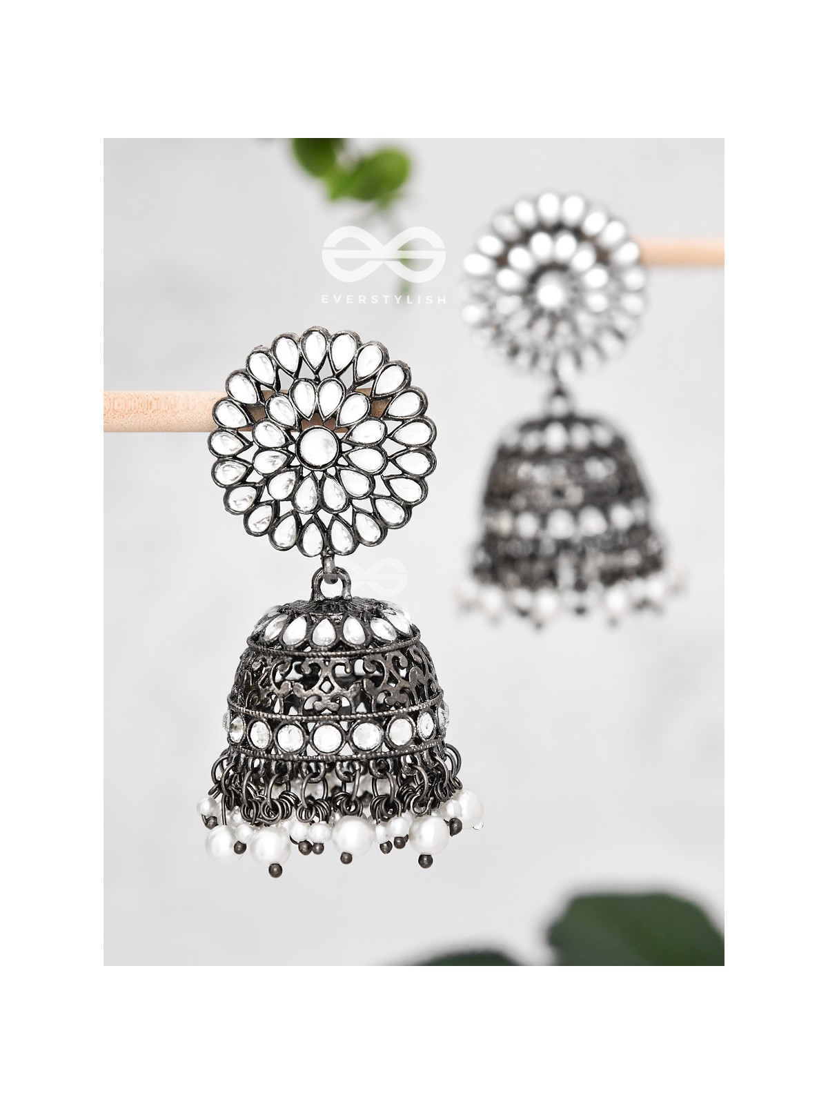The Intricate Floral Cocktail - Embellished Oxidised jhumkas 