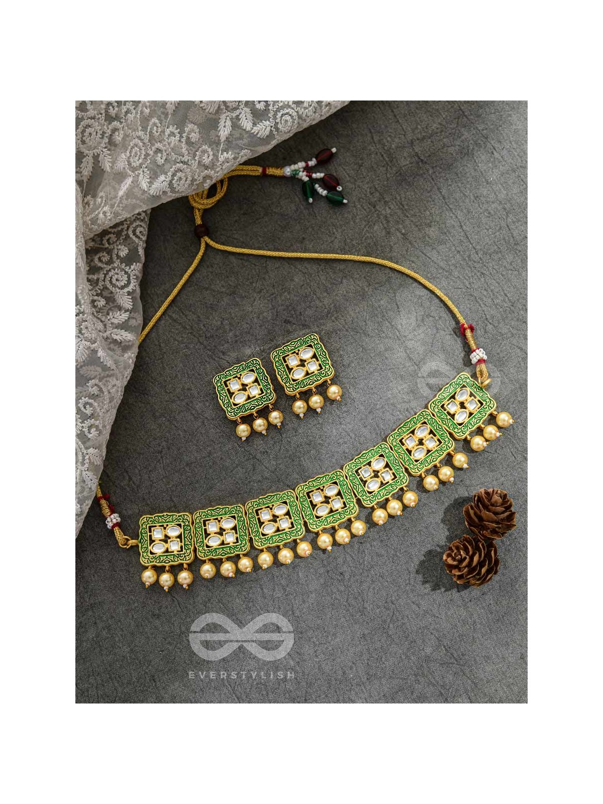 The Windows of Opulence - Set of Statement Choker and Earrings( INDIA GREEN)