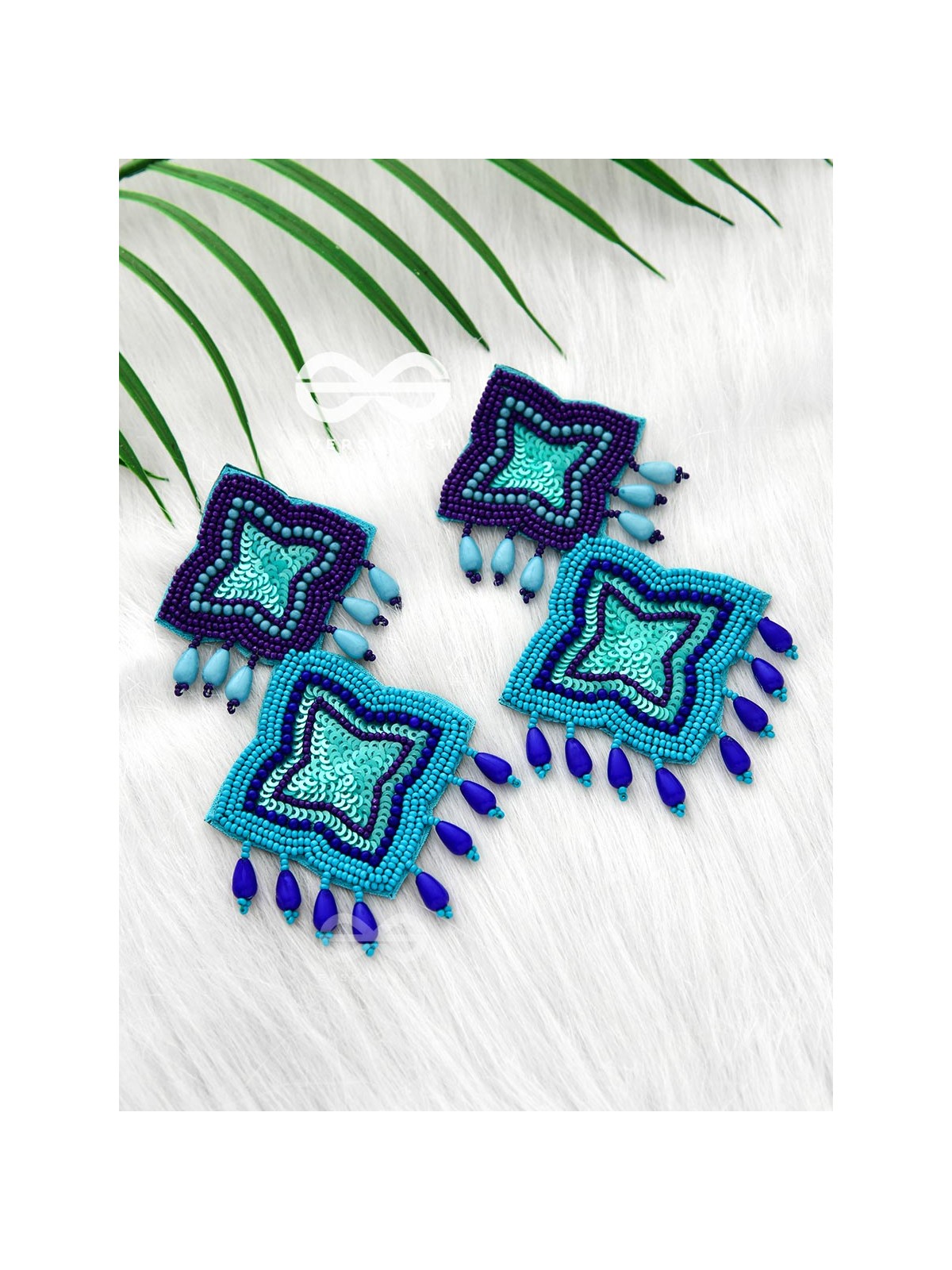 THE ROYAL GLAMOUR - EMBROIDERED PEARL STATEMENT EARRINGS ( teal and royal blue)