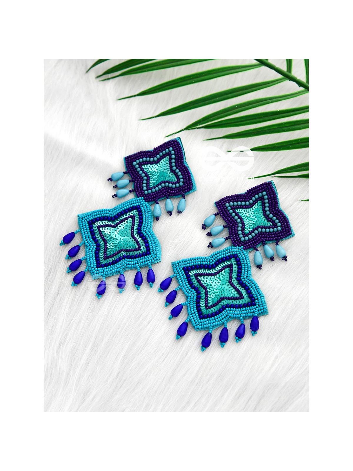 THE ROYAL GLAMOUR - EMBROIDERED PEARL STATEMENT EARRINGS ( teal and royal blue)