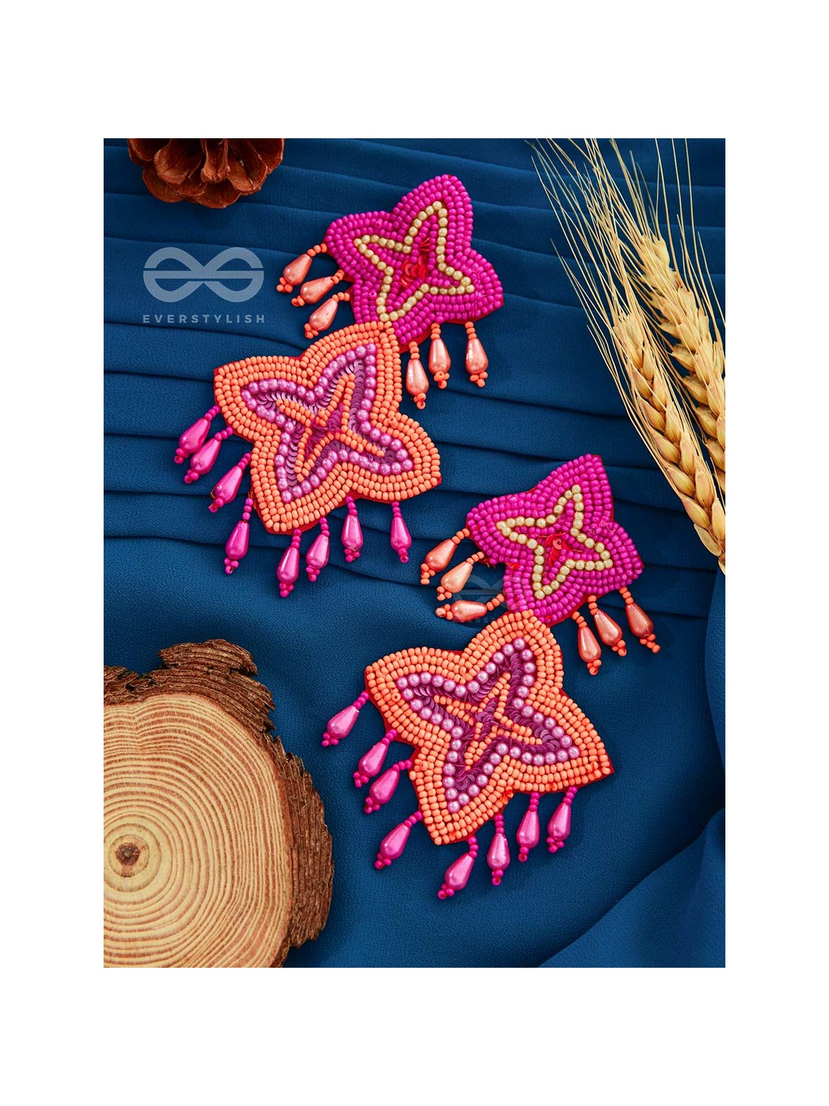 THE ROYAL GLAMOUR - EMBROIDERED PEARL STATEMENT EARRINGS (Rust and Fuchsia)