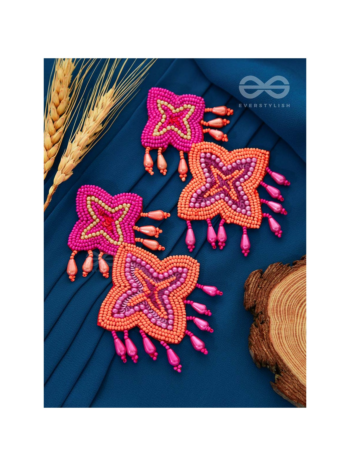 THE ROYAL GLAMOUR - EMBROIDERED PEARL STATEMENT EARRINGS (Rust and Fuchsia)