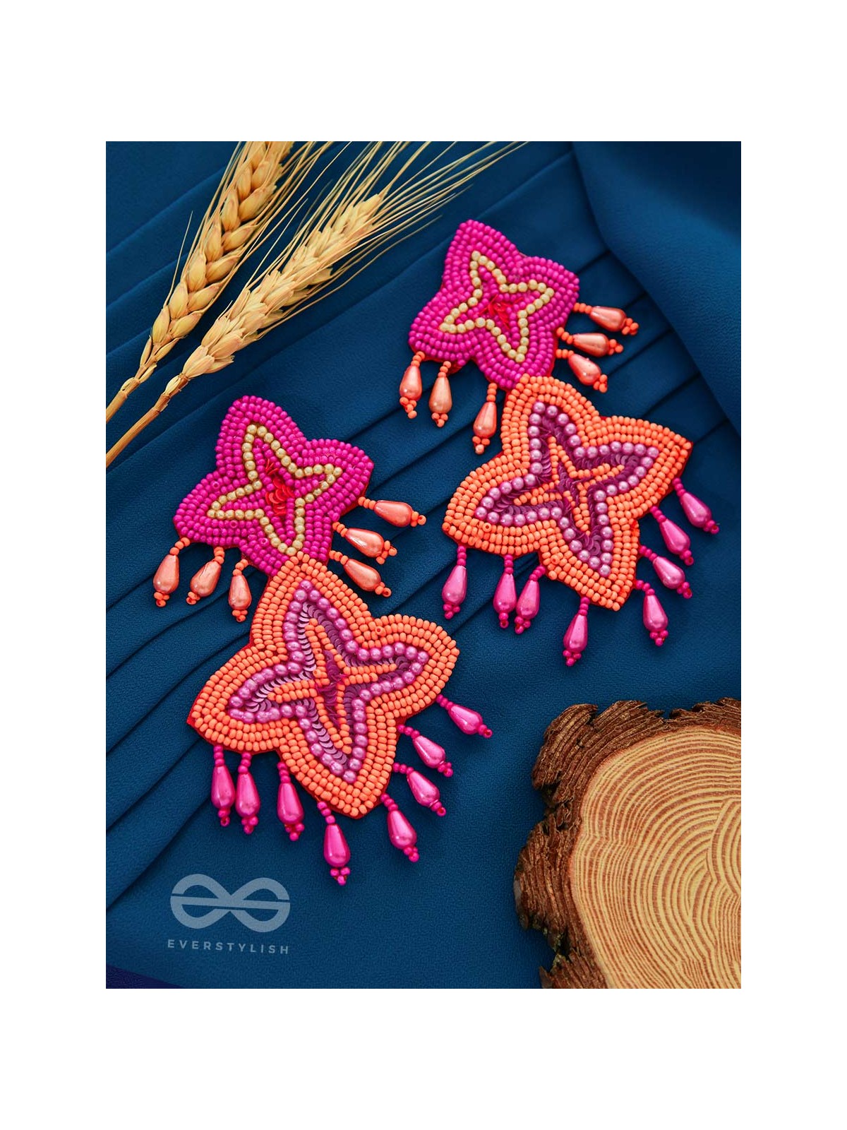 THE ROYAL GLAMOUR - EMBROIDERED PEARL STATEMENT EARRINGS (Rust and Fuchsia)