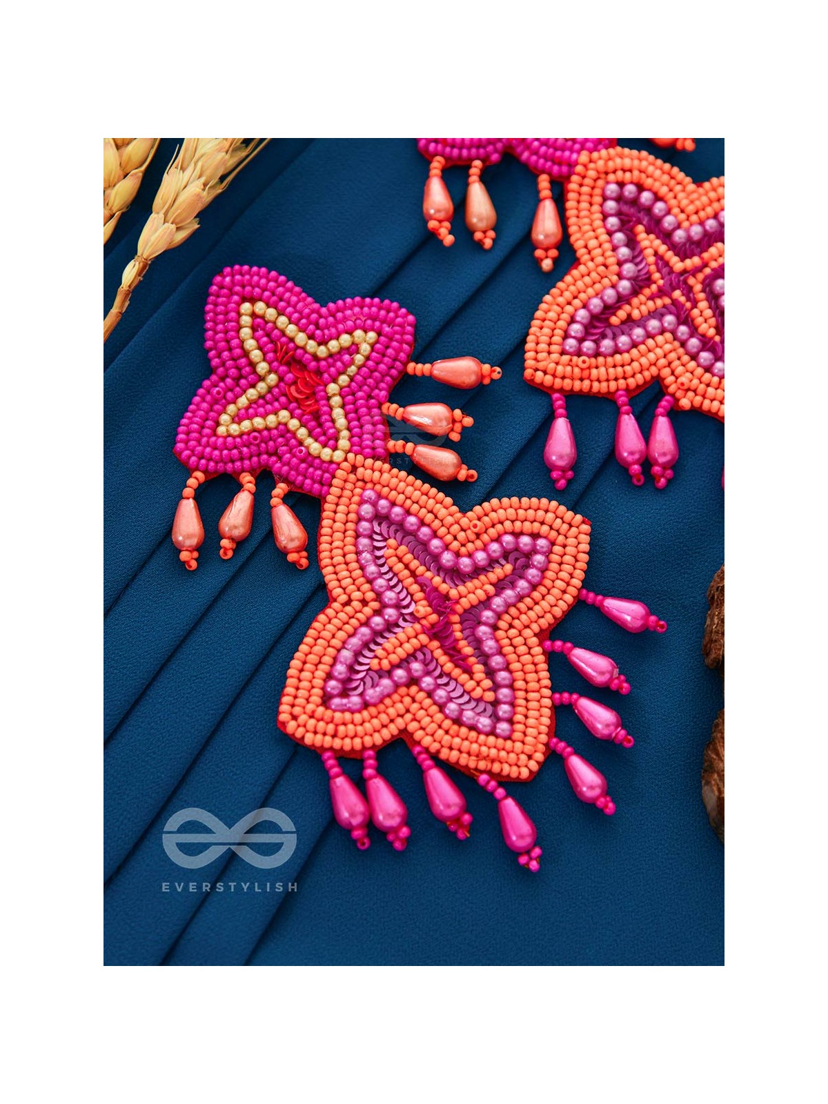 THE ROYAL GLAMOUR - EMBROIDERED PEARL STATEMENT EARRINGS (Rust and Fuchsia)