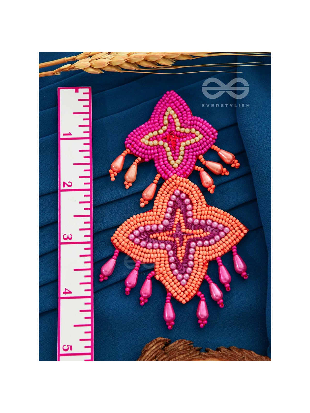 THE ROYAL GLAMOUR - EMBROIDERED PEARL STATEMENT EARRINGS (Rust and Fuchsia)