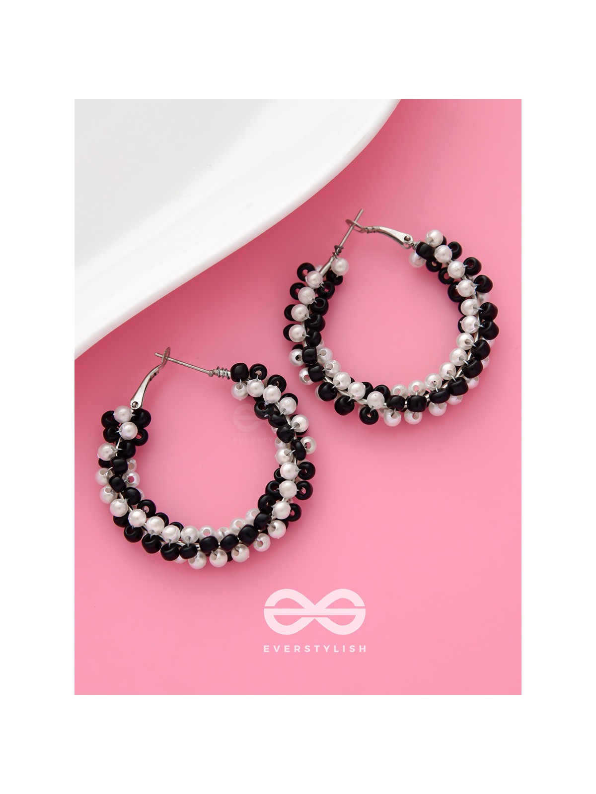 The Beaded Twists - Statement Hoops (Black-White)