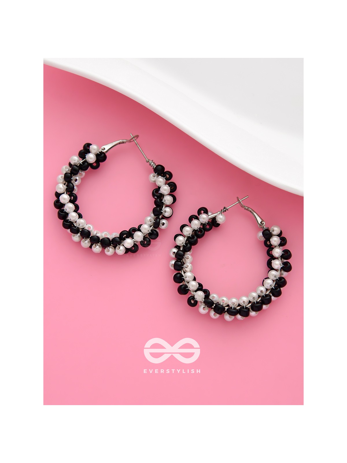 The Beaded Twists - Statement Hoops (Black-White)