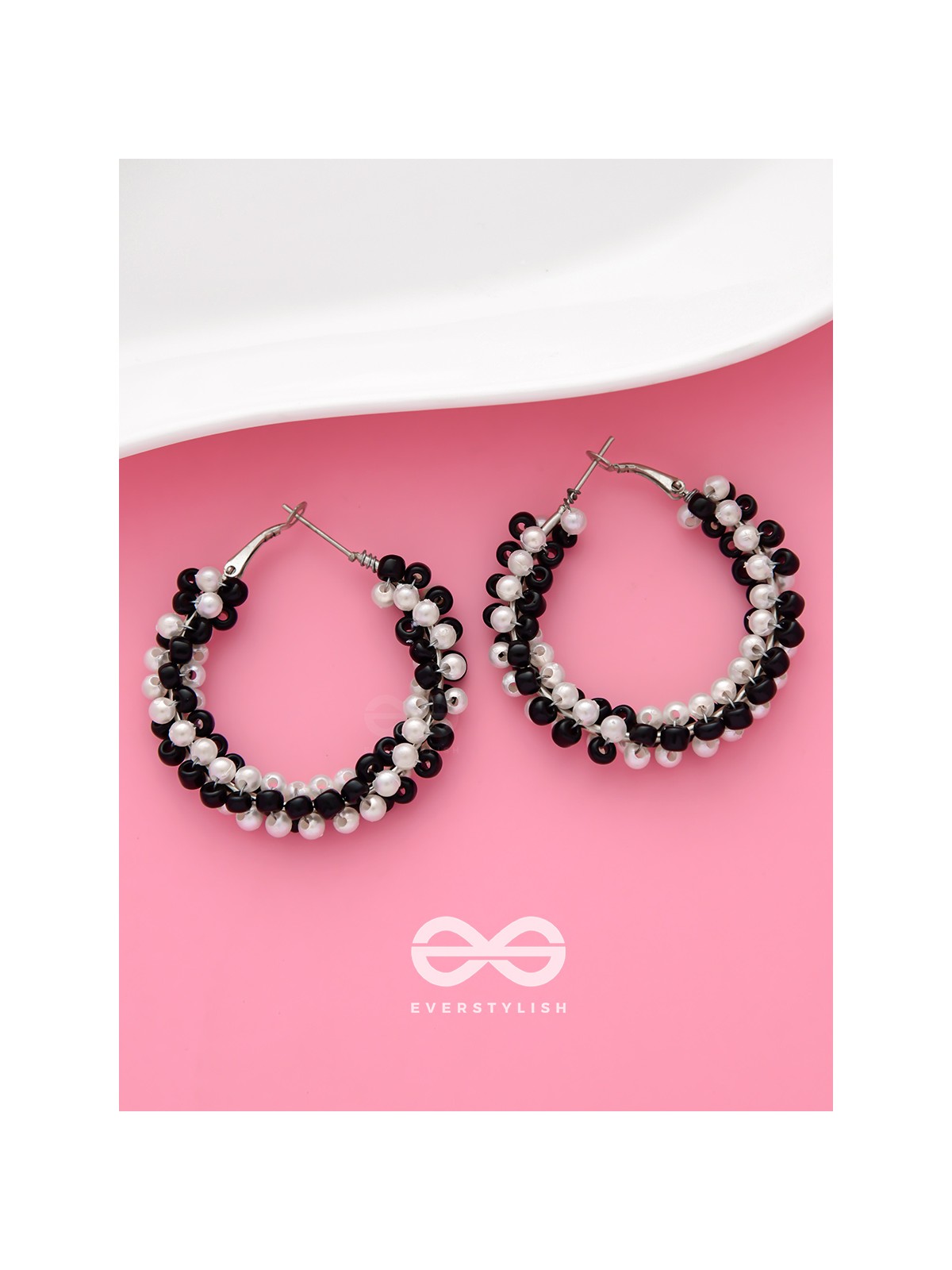 The Beaded Twists - Statement Hoops (Black-White)