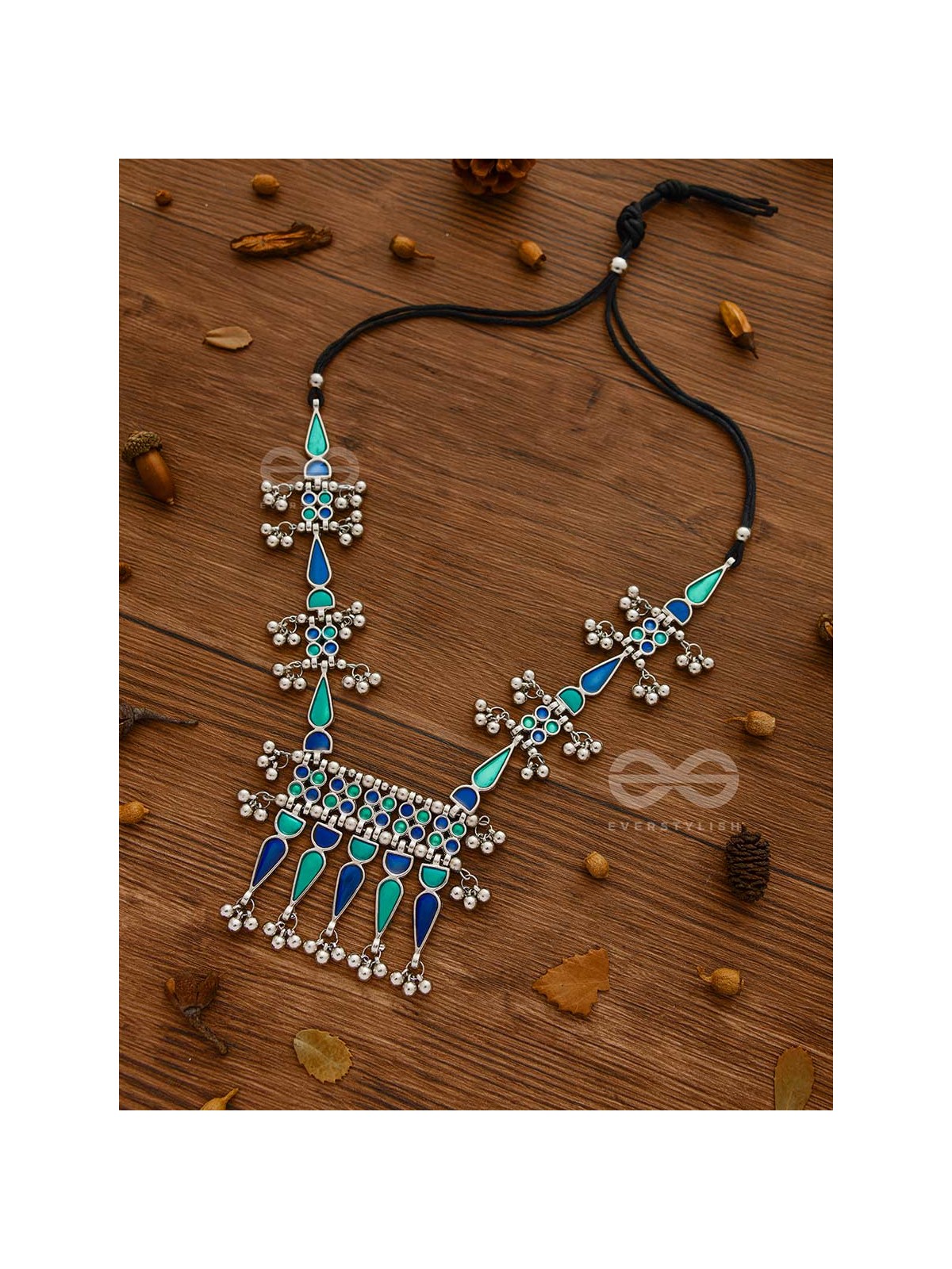 The Bohemian Jaw Droppers - Statement Set of Meenakari Neckpiece and Earrings (Teal-Blue)