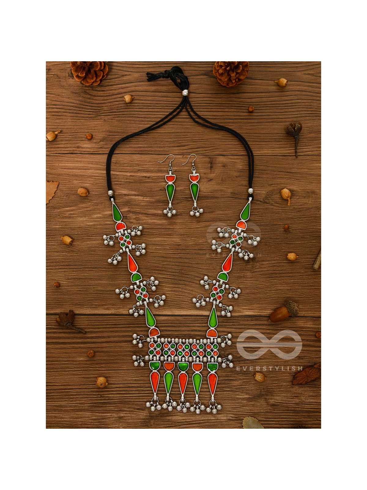 The Bohemian Jaw Droppers - Statement Set of Meenakari Neckpiece and Earrings (Orange-Green)