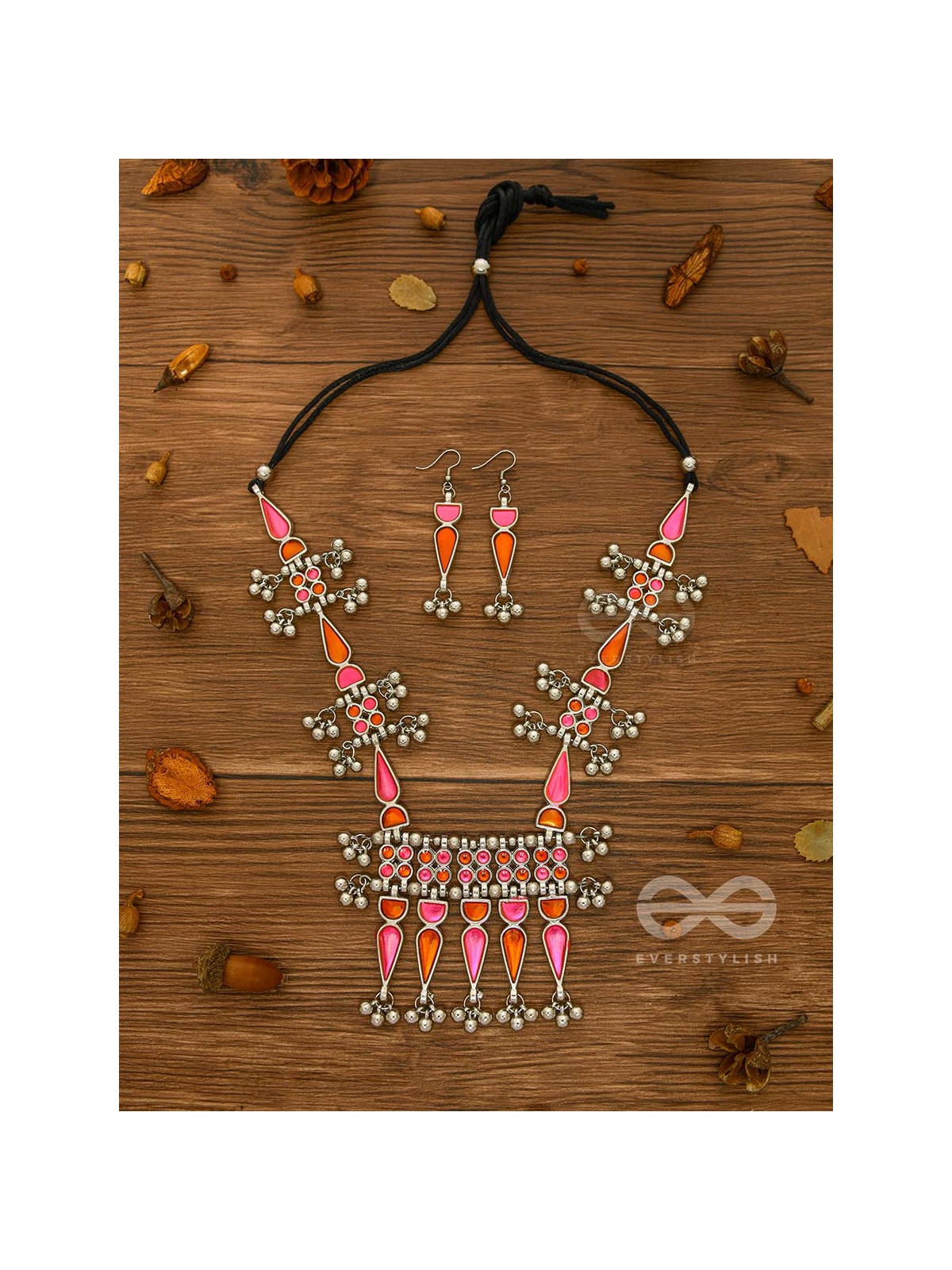 The Bohemian Jaw Droppers - Statement Set of  Meenakari Neckpiece and Earrings (Orange-Pink)