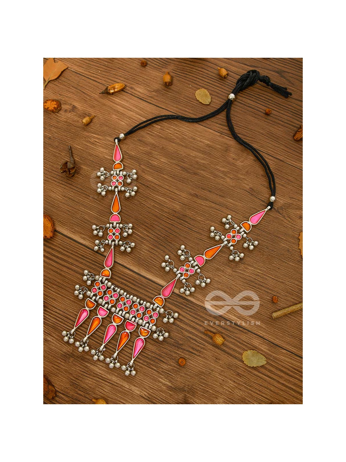 The Bohemian Jaw Droppers - Statement Set of  Meenakari Neckpiece and Earrings (Orange-Pink)